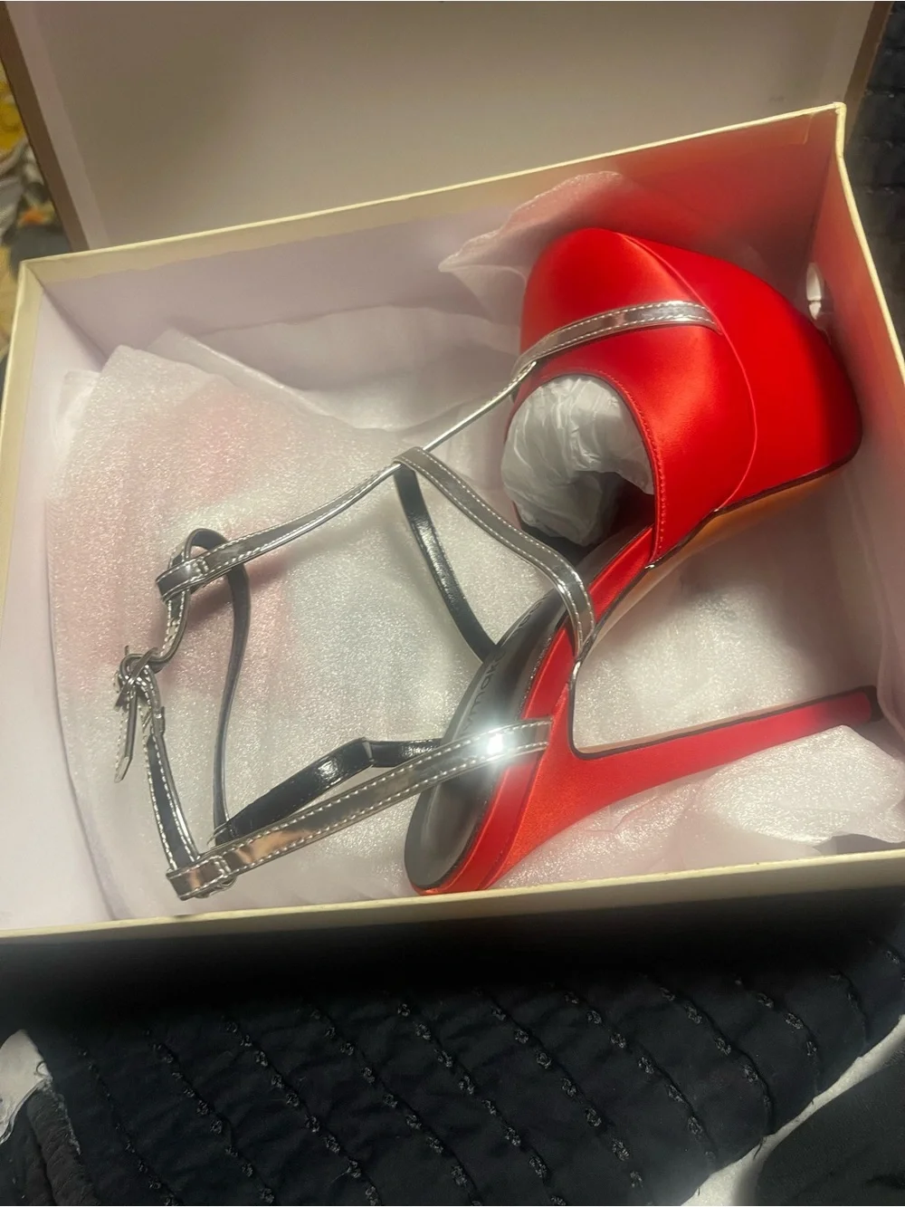 Red Satin Platform Stiletto Sandal with Silver Straps